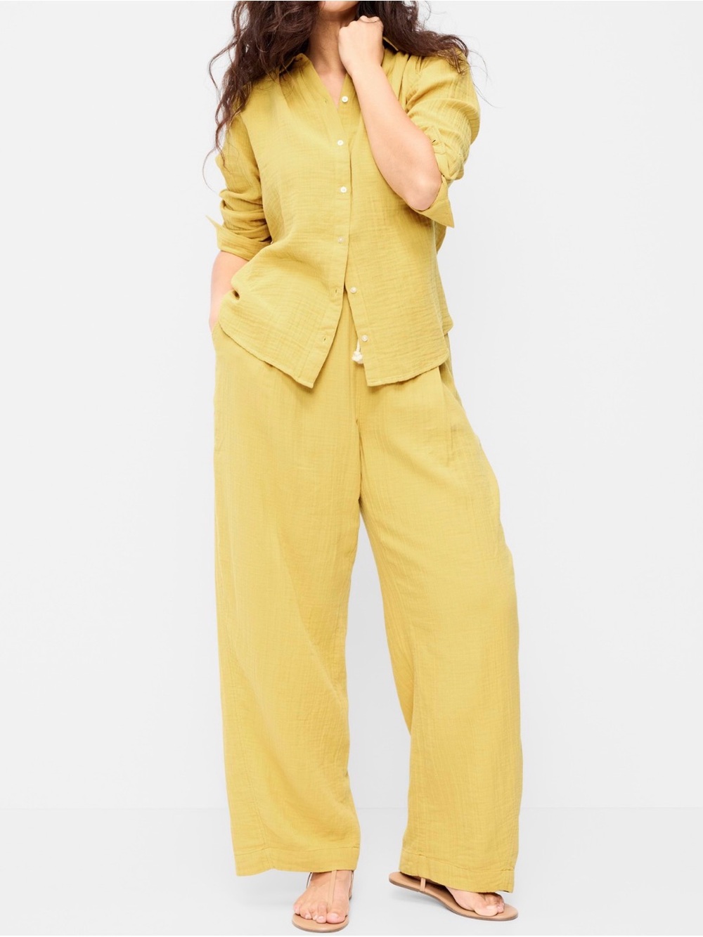 Wide-Leg Cotton Gauze Pant Set in Mustard Yellow